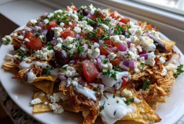 A plate piled high with Greek Chicken Nachos featuring shredded chicken, feta, tomatoes, onions, olives, and tzatziki sauce.