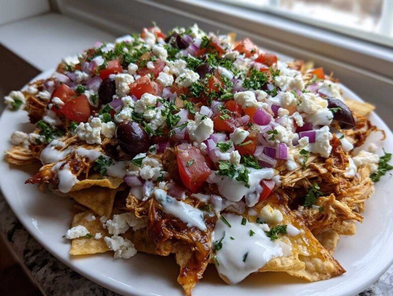 A plate piled high with Greek Chicken Nachos featuring shredded chicken, feta, tomatoes, onions, olives, and tzatziki sauce.