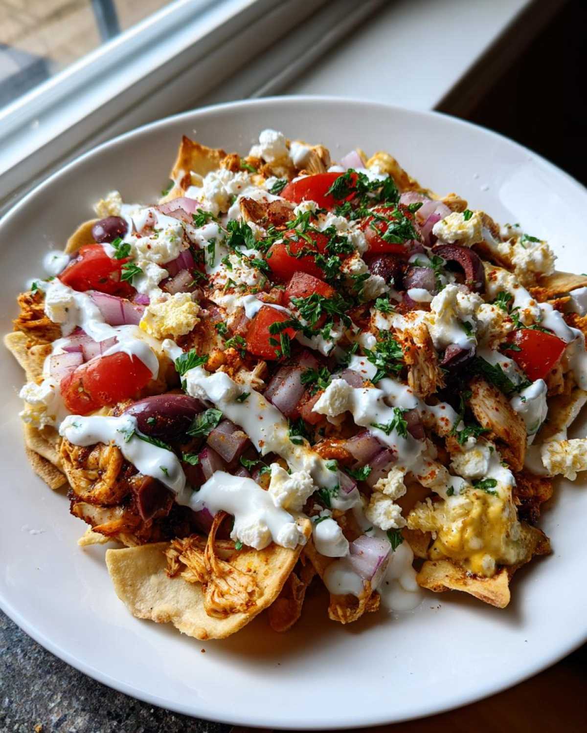 A plate piled high with Greek Chicken Nachos with Pita Chips, topped with feta, tomatoes, red onion, and tzatziki sauce.