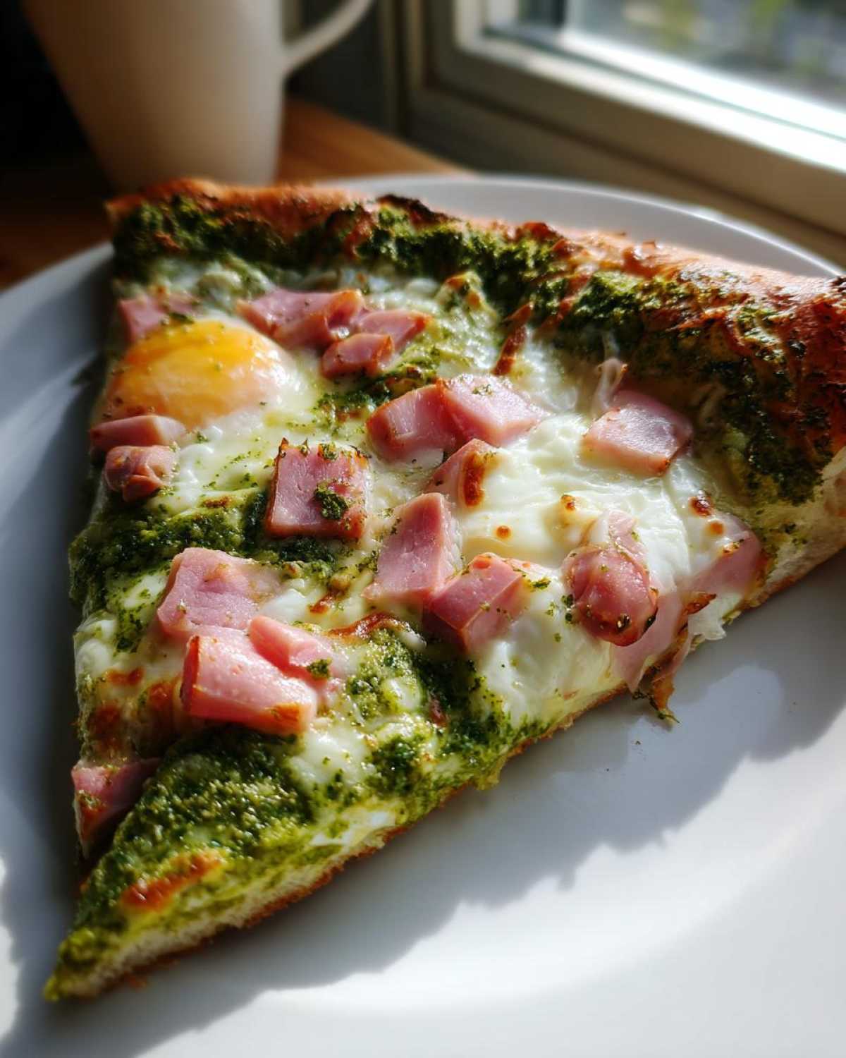 Close-up of a slice of Green Eggs and Ham Breakfast Pizza topped with pesto, ham, cheese, and a baked egg.