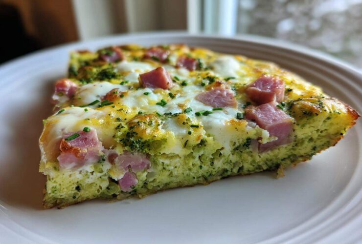 A close-up slice of Green Eggs and Ham Breakfast Pizza featuring green eggs, melted cheese, and diced ham.