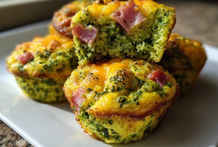 Close-up of baked Green Eggs and Ham Savory Muffins, showing green broccoli-flecked interior and pieces of pink ham.