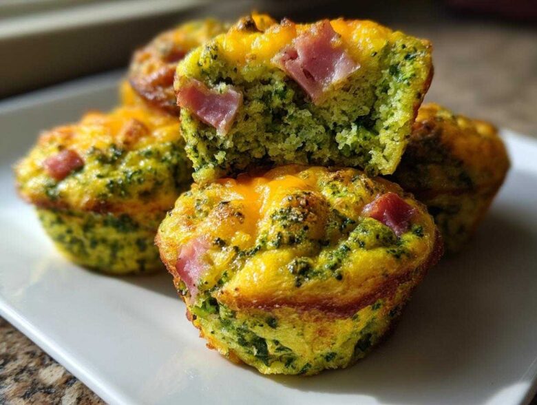 Close-up of baked Green Eggs and Ham Savory Muffins, showing green broccoli-flecked interior and pieces of pink ham.