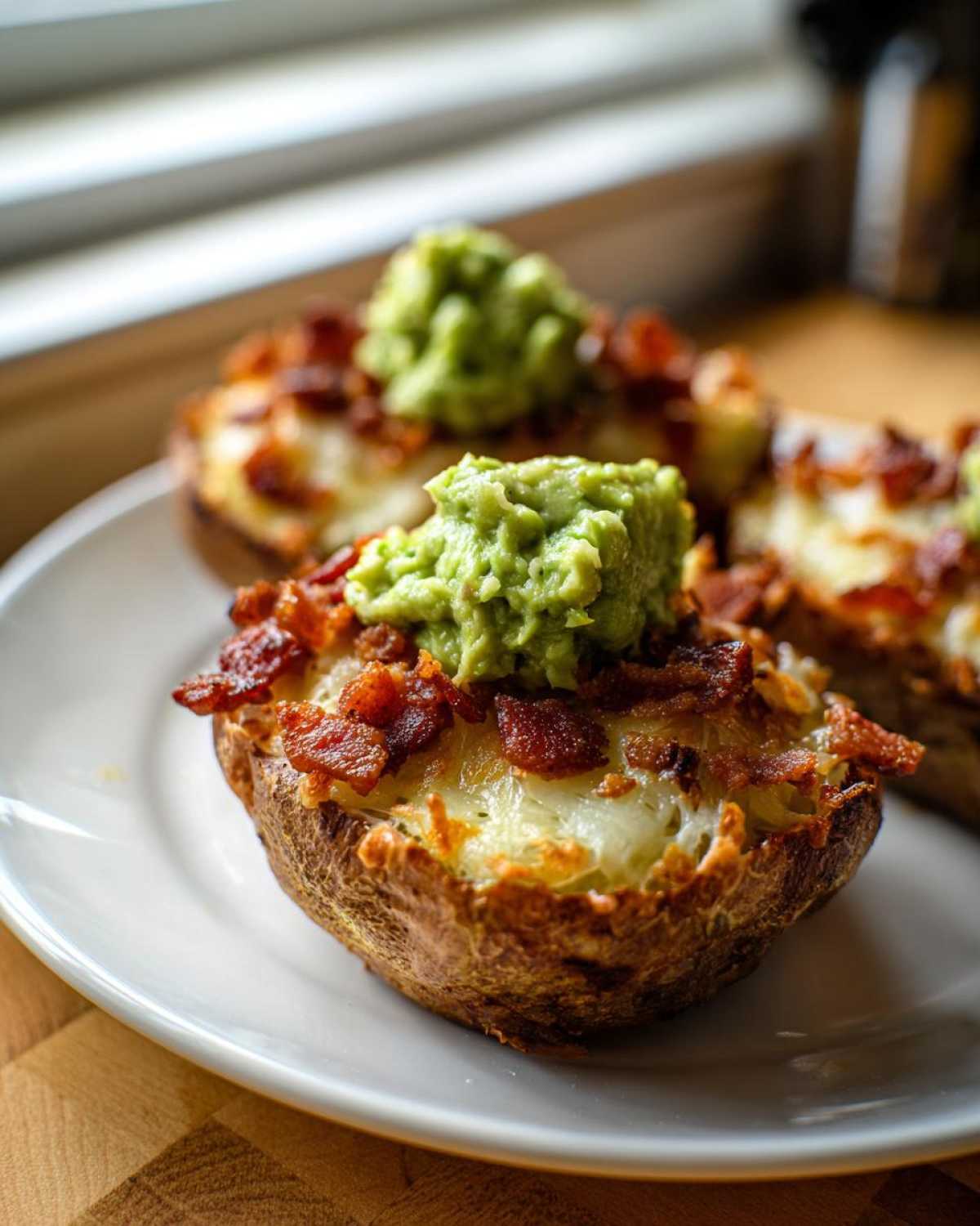 Close-up of baked potato skins filled with cheese, bacon bits, and topped with a dollop of guacamole. Guacamole and Bacon Potato Skins.