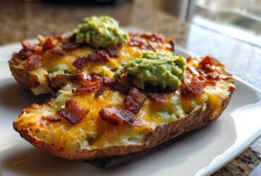 Two halves of baked potato skins loaded with melted cheese, bacon bits, and topped with guacamole, ready to eat.
