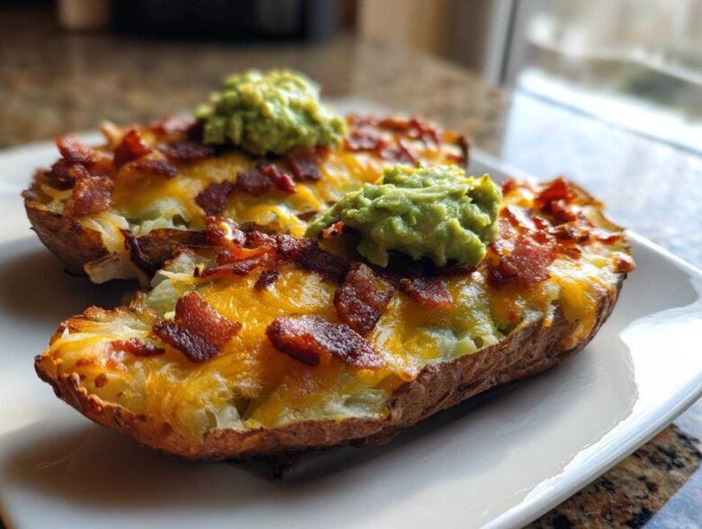 Two halves of baked potato skins loaded with melted cheese, bacon bits, and topped with guacamole, ready to eat.