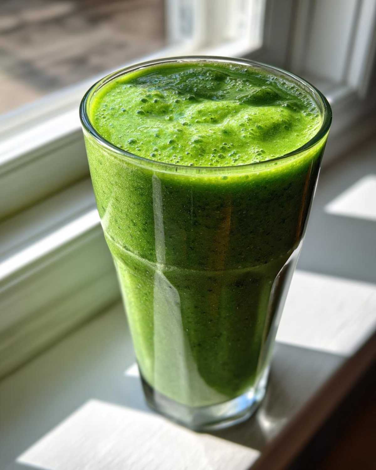 A tall glass filled with a vibrant, frothy Healthy Green Spinach Milkshake sitting on a sunlit windowsill.
