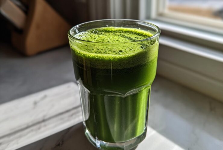 A vibrant glass of Healthy Green Spinach Milkshake with a frothy top, catching sunlight by a window.