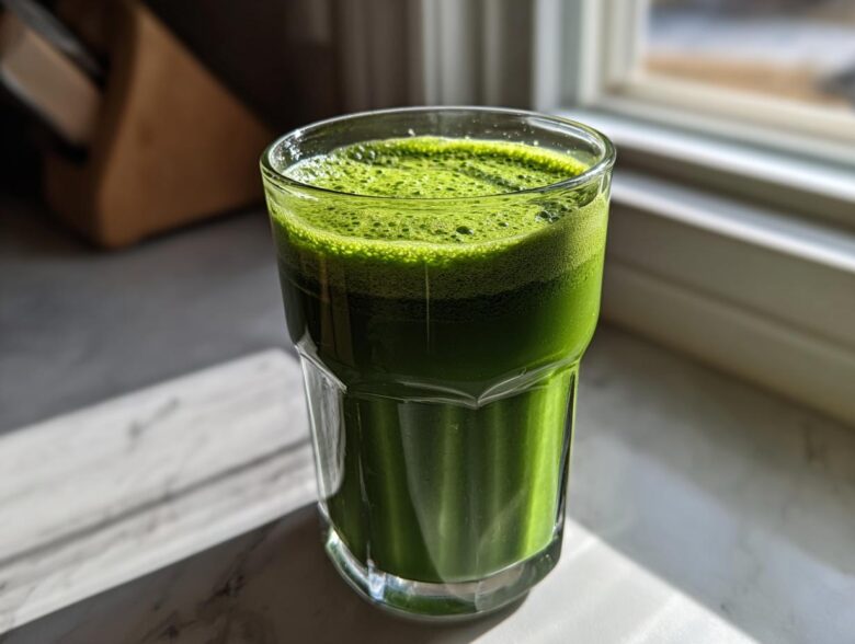 A vibrant glass of Healthy Green Spinach Milkshake with a frothy top, catching sunlight by a window.
