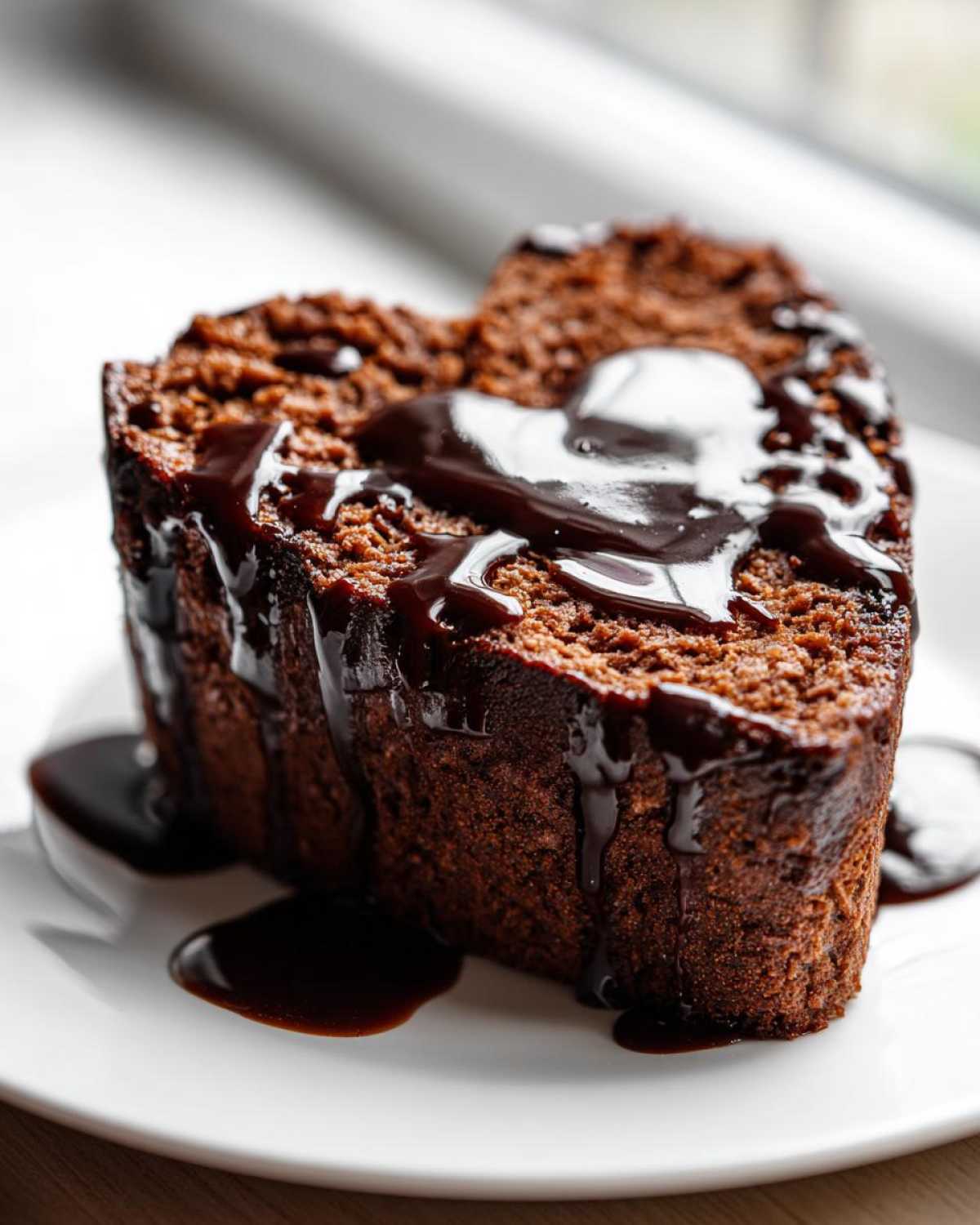 A slice of heart-shaped meatloaf covered in a thick, dark balsamic glaze, served on a white plate.