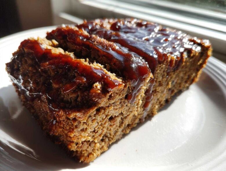 Close-up of a thick slice of moist meatloaf topped with shiny balsamic glaze, ready to eat.
