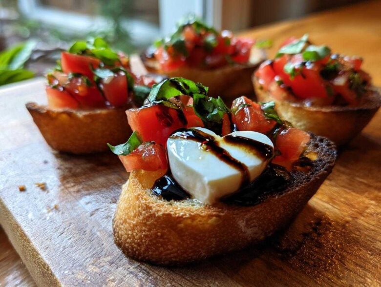 Close-up of Heart-Shaped Tomato & Mozzarella Bruschetta topped with balsamic glaze and basil on a wooden board.