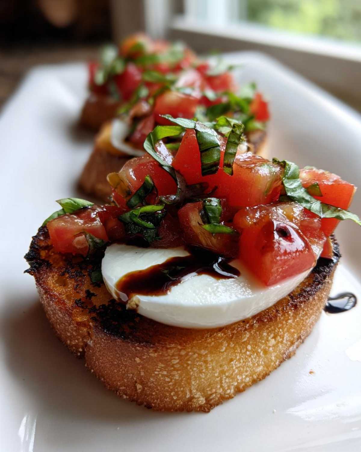 Close-up of a slice of Heart-Shaped Tomato & Mozzarella Bruschetta topped with fresh tomatoes, basil, and balsamic glaze.