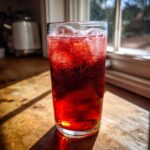 A tall glass filled with vibrant red Hibiscus Iced Tea with Honey and ice cubes, sitting on a wooden surface.