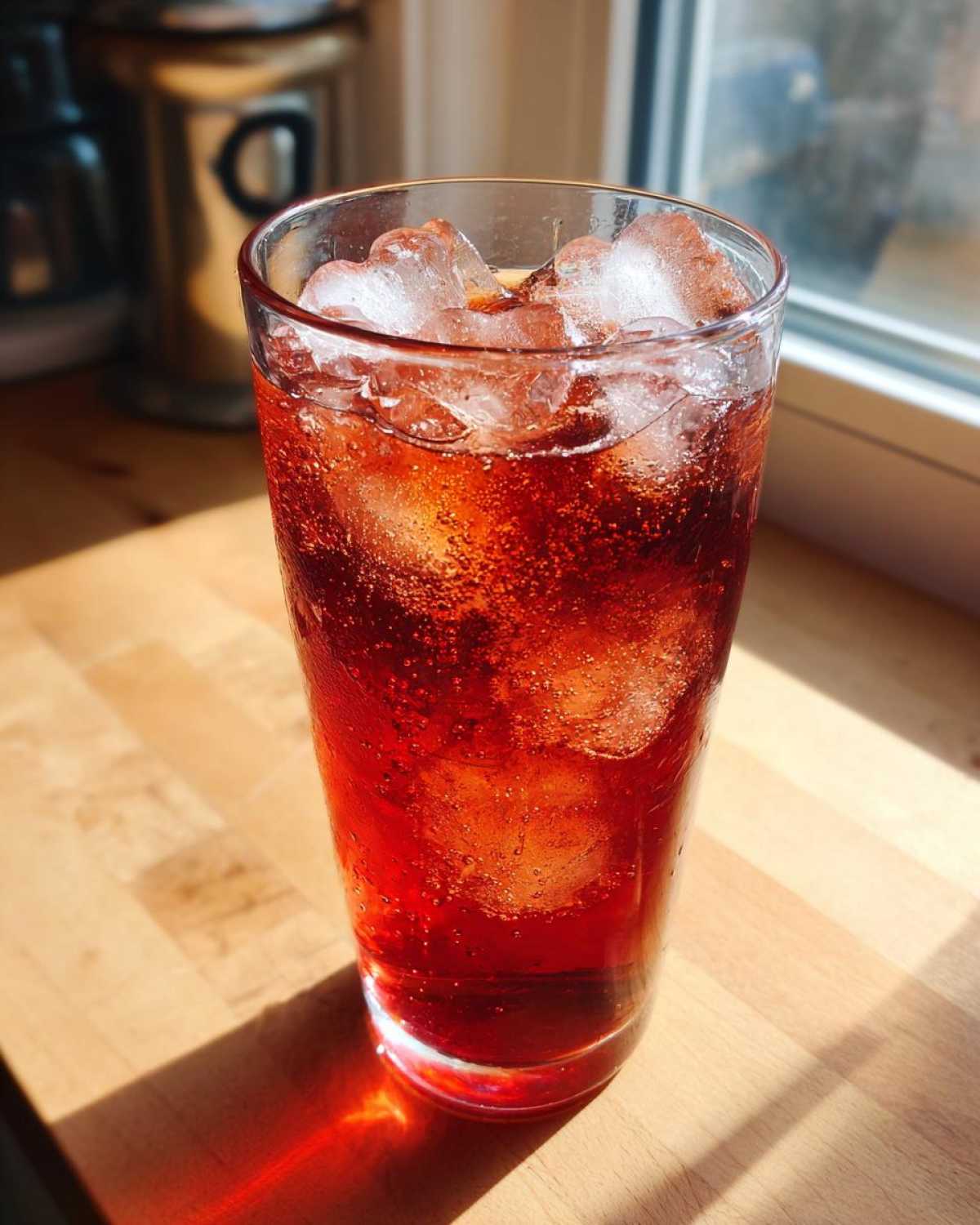 A tall glass filled with vibrant red Hibiscus Iced Tea with Honey and ice cubes, sitting on a sunlit wooden counter.
