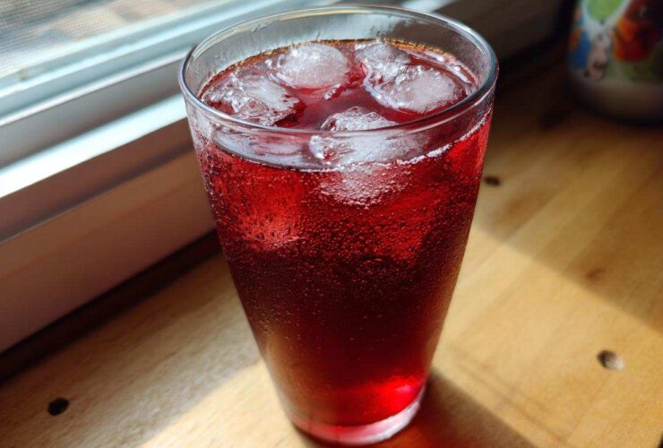 A tall glass filled with vibrant red Hibiscus Iced Tea with Honey and ice cubes, showing condensation.