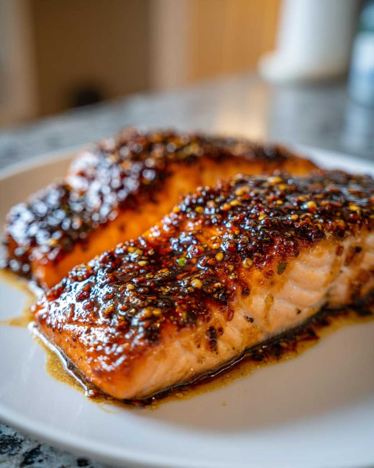 Two fillets of Honey Balsamic Glazed Salmon for Two, covered in a thick, dark, mustard-seed glaze, served on a white plate.