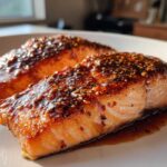 Two perfectly cooked fillets of Honey Balsamic Glazed Salmon for Two, glistening with a dark, seeded glaze.