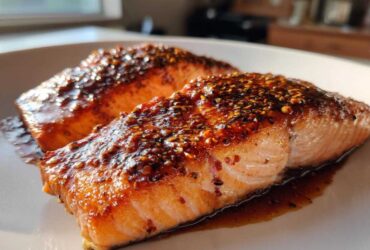 Two perfectly cooked fillets of Honey Balsamic Glazed Salmon for Two, glistening with a dark, seeded glaze.