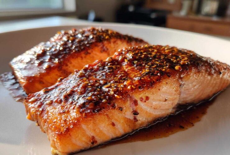 Two perfectly cooked fillets of Honey Balsamic Glazed Salmon for Two, glistening with a dark, seeded glaze.