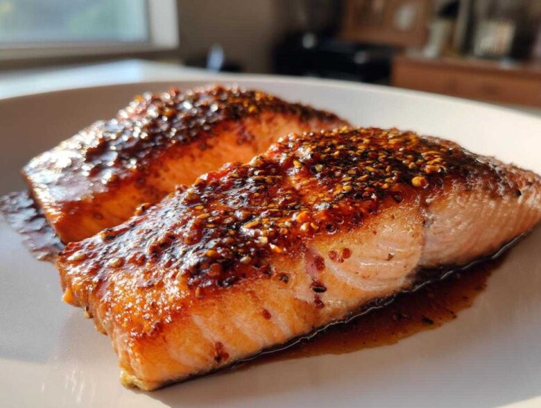 Two perfectly cooked fillets of Honey Balsamic Glazed Salmon for Two, glistening with a dark, seeded glaze.