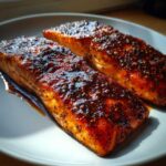 Two perfectly cooked fillets of Honey Balsamic Glazed Salmon with a dark, shiny glaze and spices on a white plate.