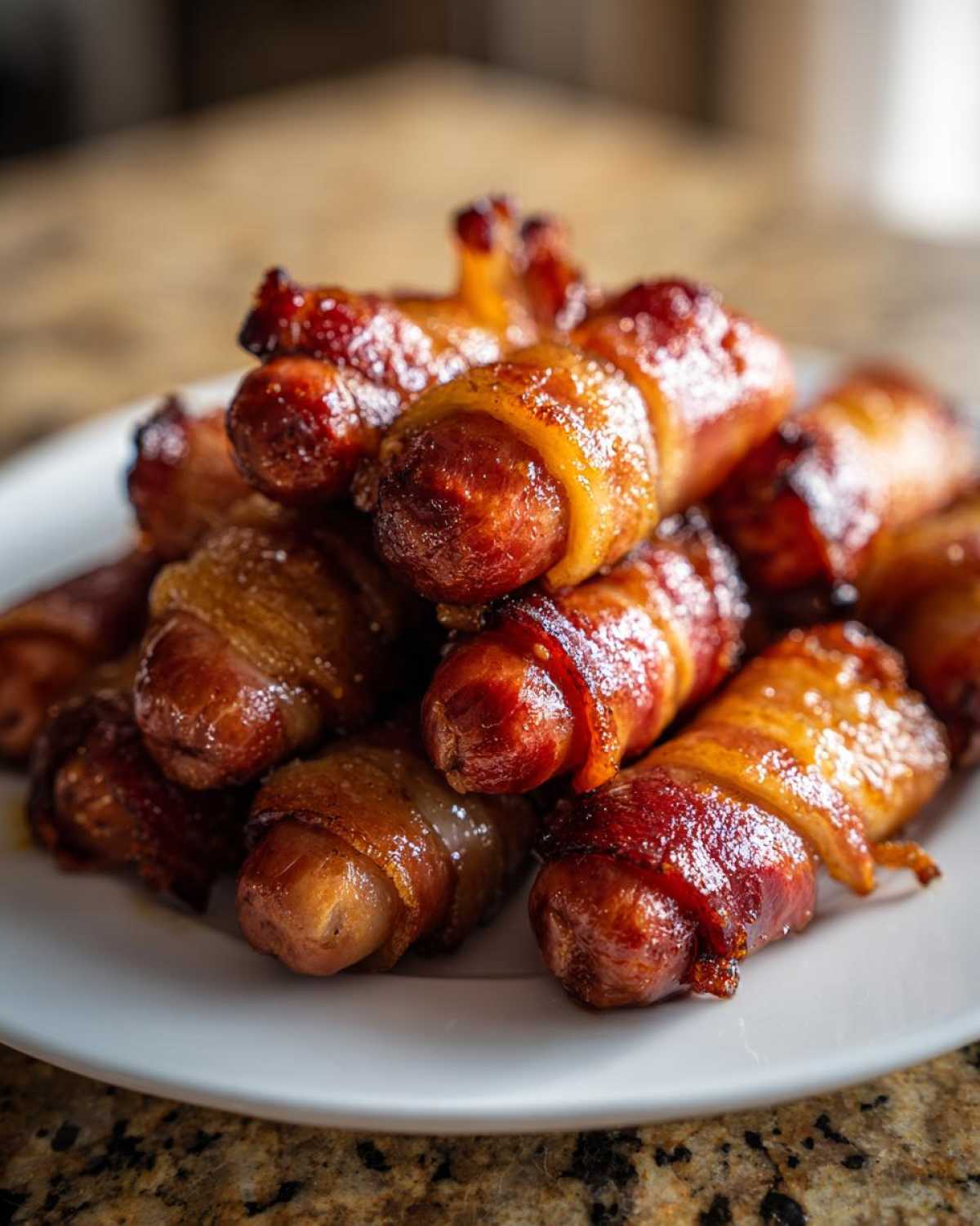 A close-up pile of glazed Honey Mustard Bacon Wrapped Smokies served on a white plate.