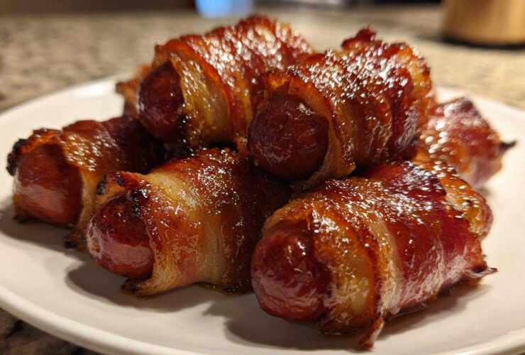 Close-up of several glazed Honey Mustard Bacon Wrapped Smokies piled on a white plate.