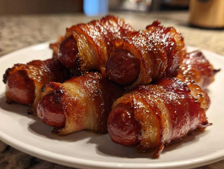 Close-up of several glazed Honey Mustard Bacon Wrapped Smokies piled on a white plate.