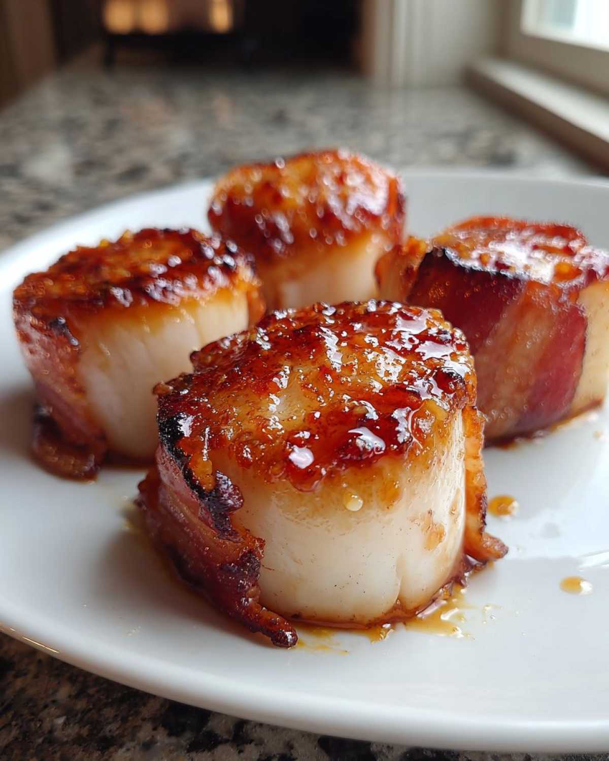 Four perfectly cooked Honey Sriracha Bacon Wrapped Scallops glistening with a sweet glaze on a white plate.