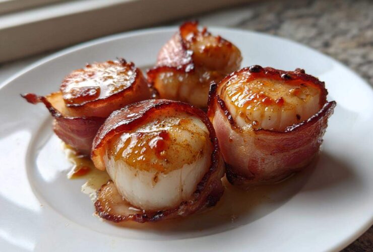 Four perfectly cooked Honey Sriracha Bacon Wrapped Scallops glistening with glaze on a white plate.