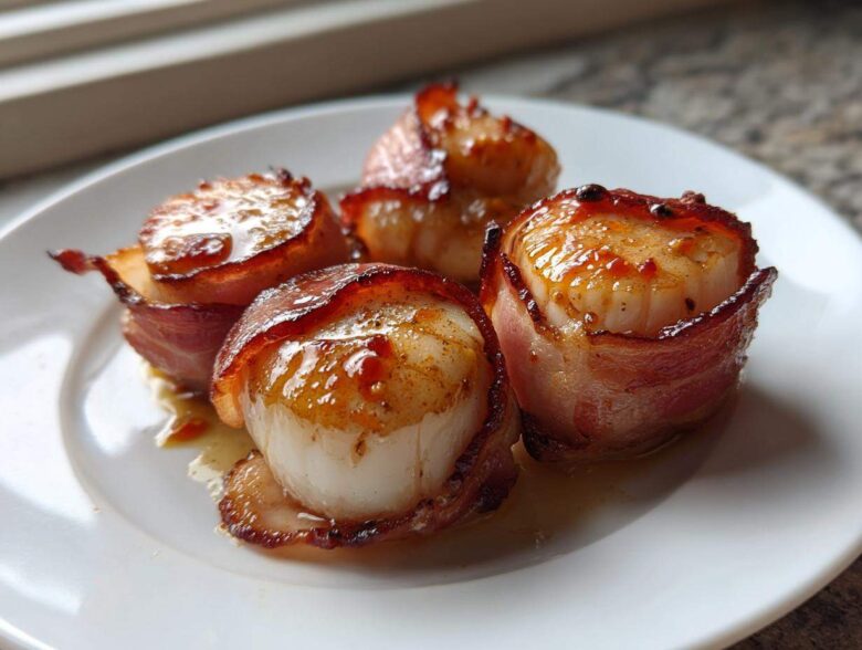Four perfectly cooked Honey Sriracha Bacon Wrapped Scallops glistening with glaze on a white plate.