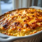 Close-up of a bubbling, golden-brown baked Hot Corn and Crab Dip in a white casserole dish.
