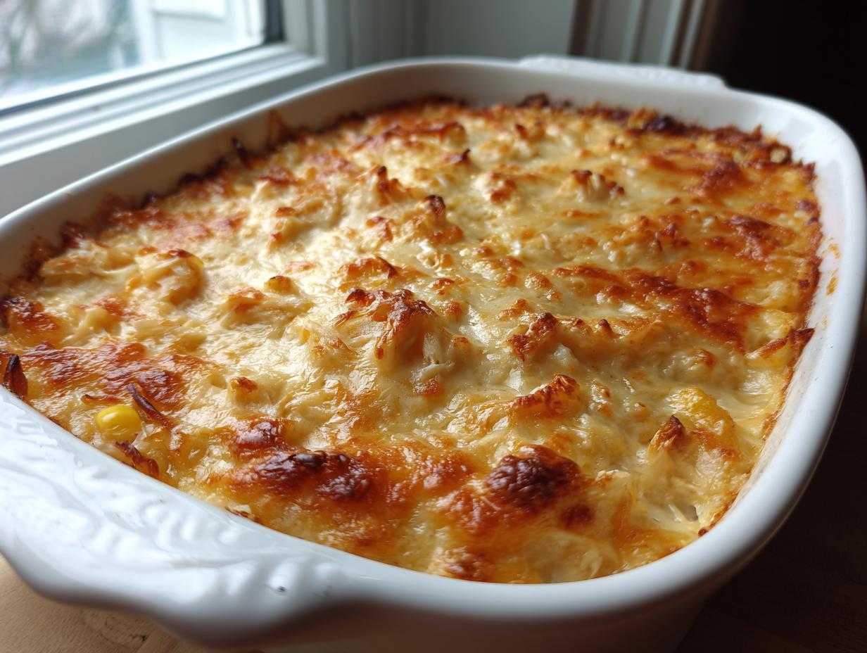 A close-up of a bubbly, golden-brown baked Hot Corn and Crab Dip in a white ceramic dish.