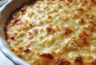 Close-up of baked Hot Corn and Crab Dip bubbling in a white dish with a golden, browned cheese crust.
