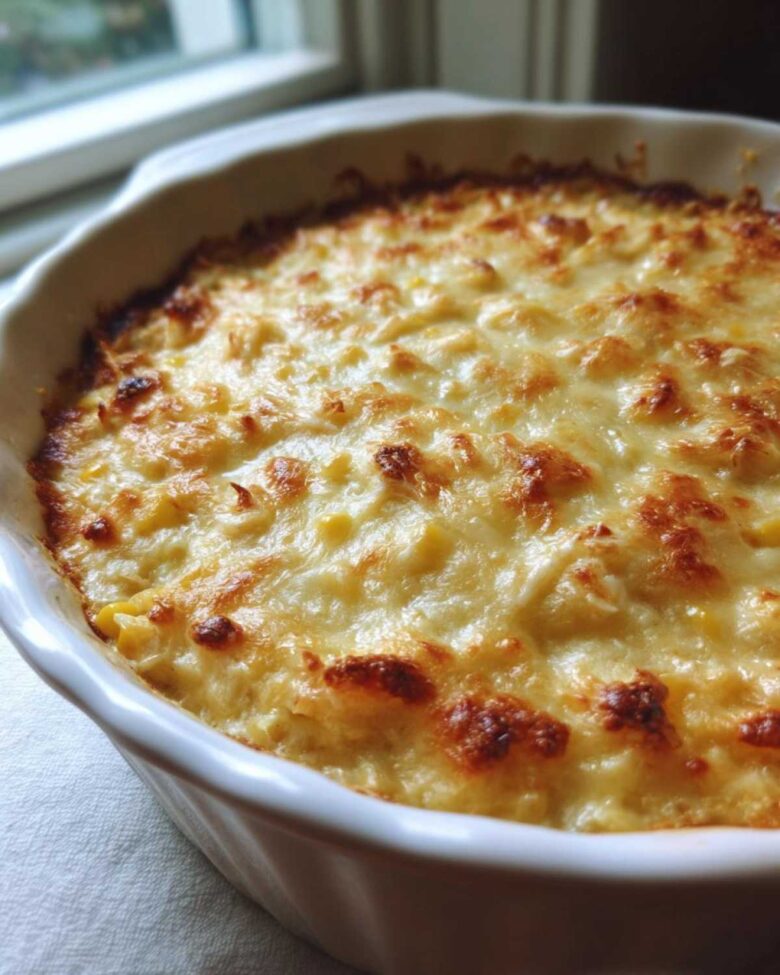 Close-up of baked Hot Corn and Crab Dip bubbling in a white dish with a golden, browned cheese crust.