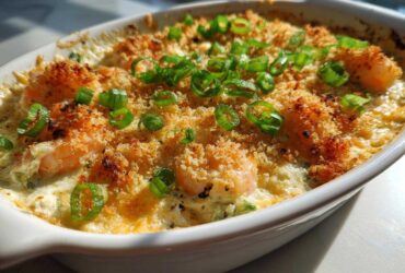 Close-up of baked Hot Shrimp Jalapeno Popper Dip topped with golden breadcrumbs and green onions.