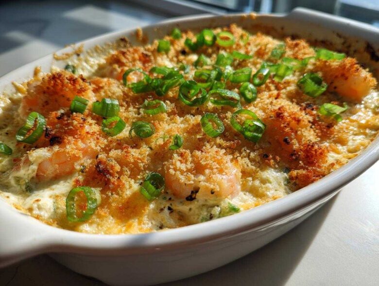 Close-up of baked Hot Shrimp Jalapeno Popper Dip topped with golden breadcrumbs and green onions.