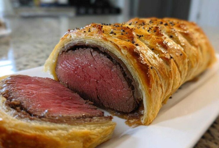 A cross-section view of an Individual Beef Wellington for Two showing medium-rare beef wrapped in golden puff pastry.