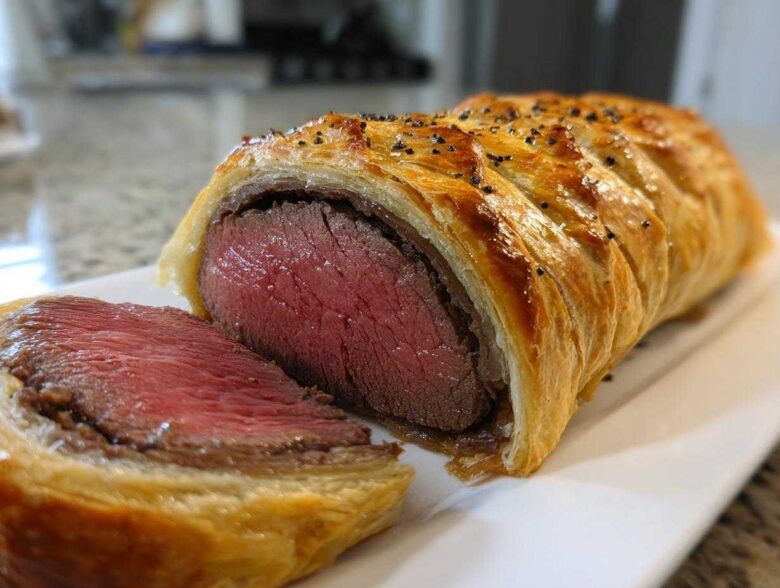 A cross-section view of an Individual Beef Wellington for Two showing medium-rare beef wrapped in golden puff pastry.
