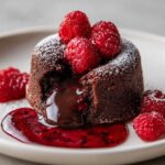 Close-up of an Individual Raspberry Lava Cake with molten chocolate center oozing out, topped with fresh raspberries.