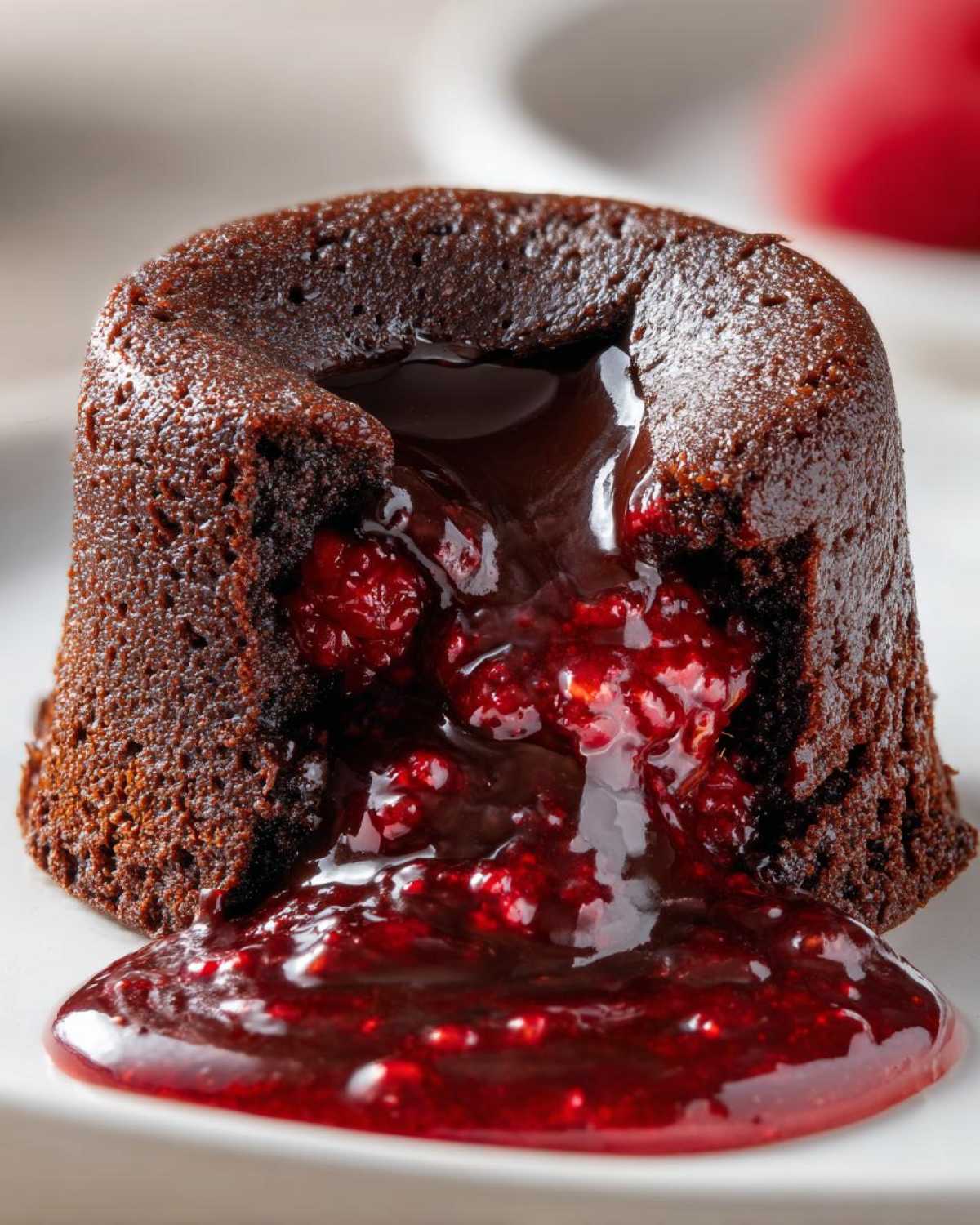 Close-up of an Individual Raspberry Lava Cake with molten chocolate and raspberry filling oozing out.