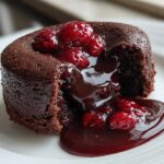 Close-up of an Individual Raspberry Lava Cake with molten chocolate center oozing out, topped with fresh raspberries.