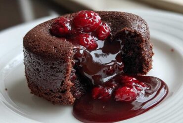 Close-up of an Individual Raspberry Lava Cake with molten chocolate center oozing out, topped with fresh raspberries.