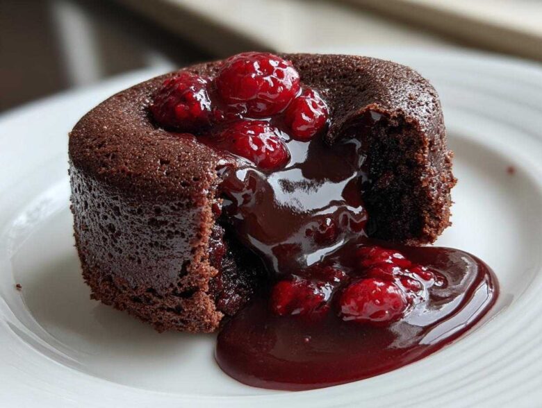 Close-up of an Individual Raspberry Lava Cake with molten chocolate center oozing out, topped with fresh raspberries.