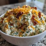 A close-up of the creamy Jalapeno Cheddar Million Dollar Dip topped with shredded cheese and bacon bits.