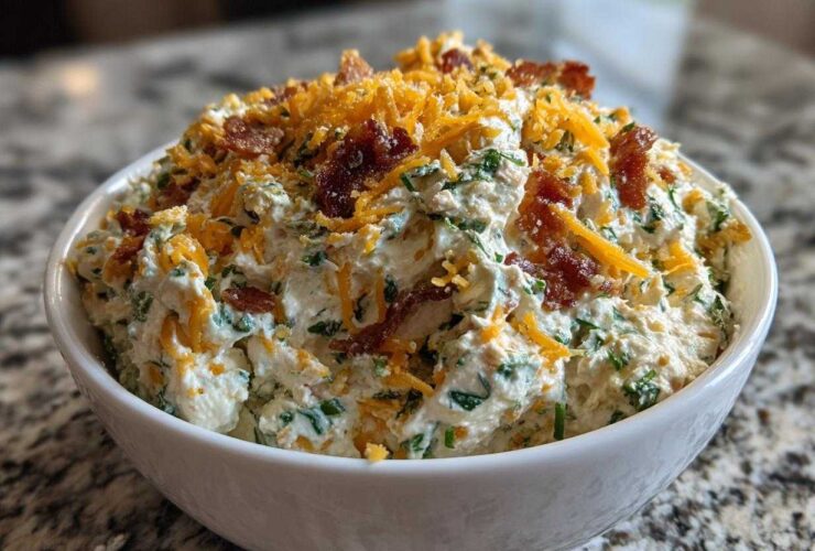 A close-up of the creamy Jalapeno Cheddar Million Dollar Dip topped with shredded cheese and bacon bits.
