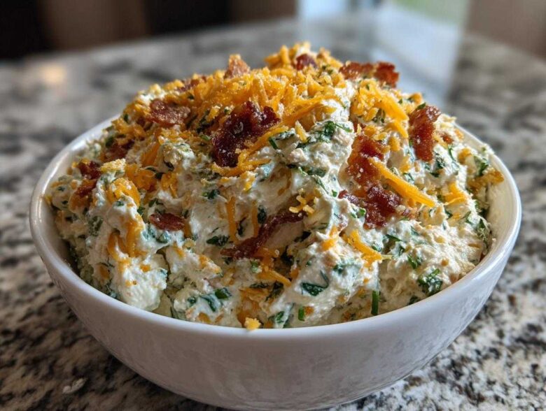 A close-up of the creamy Jalapeno Cheddar Million Dollar Dip topped with shredded cheese and bacon bits.