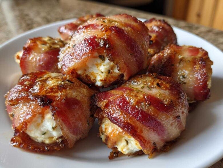 Close-up of several crispy, bacon-wrapped Kielbasa and Cream Cheese Pig Shots piled on a white plate.