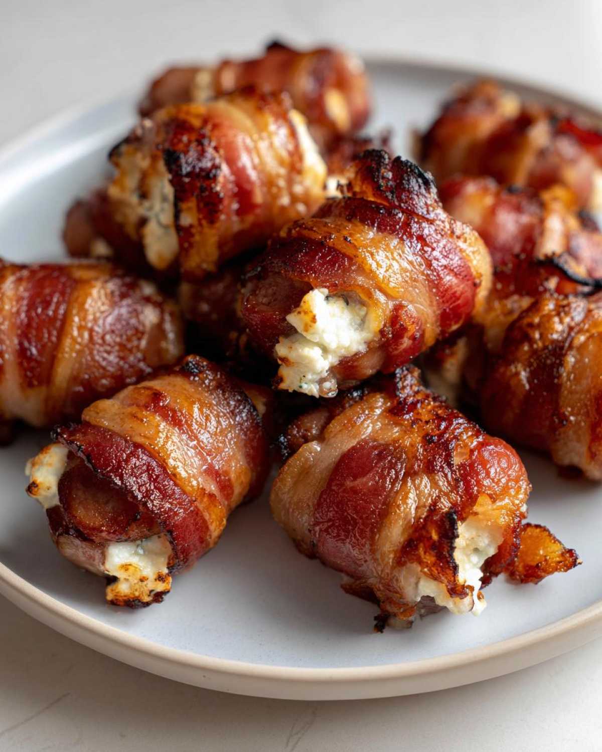 Close-up of several crispy, bacon-wrapped Kielbasa and Cream Cheese Pig Shots piled on a light gray plate.
